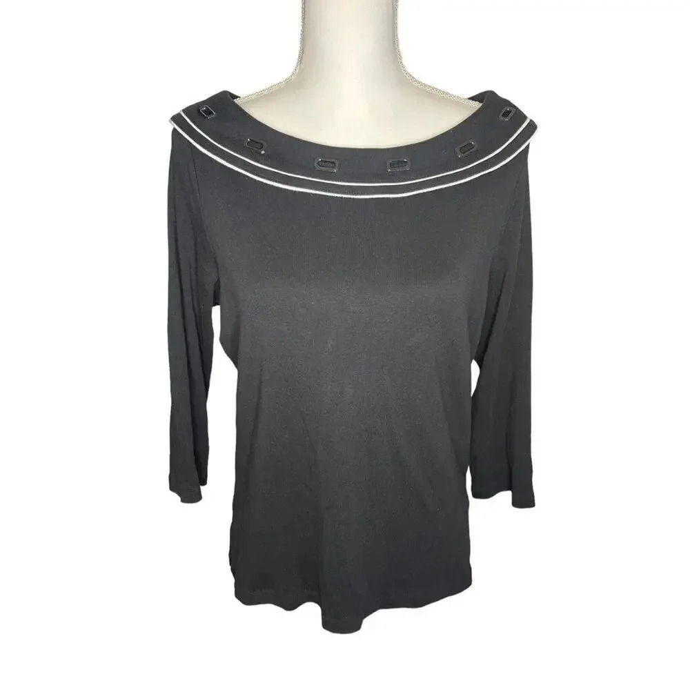 Rafaella Woman’s Large Top Black 3/4 Sleeve Knit Embellished Scoop Neck